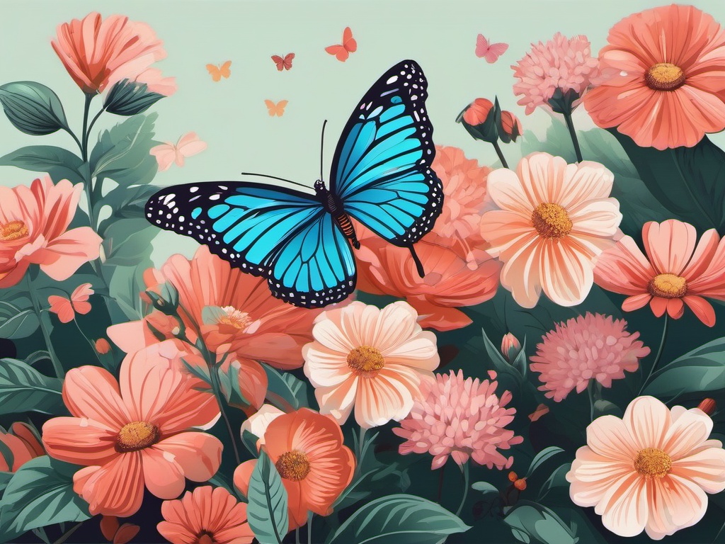 Butterfly and Flowers Sticker - Butterfly amidst blooming flowers, ,vector color sticker art,minimal