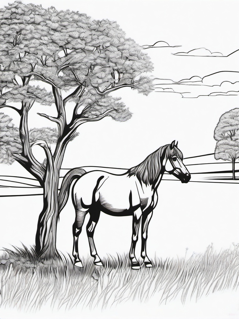 Horse in a Pasture Coloring Pages - Grazing Horse in a Serene Setting  minimal black outline printable sheet, coloring page