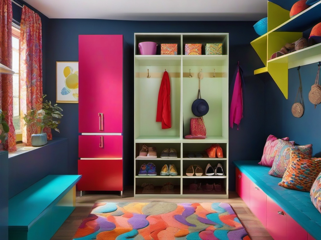 A mudroom designed with psychedelic interior design includes colorful storage solutions, playful decor, and whimsical accents that make coming and going a joyful experience.  