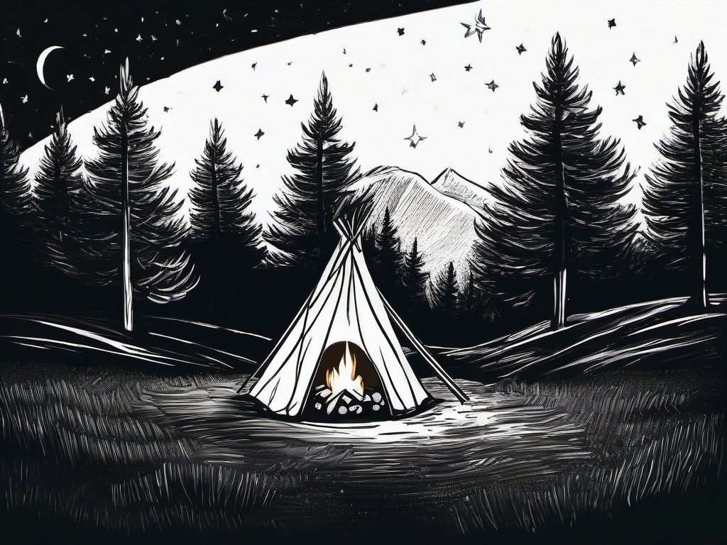 drawing of a campfire under stars  minimal rough sketch scribbles,doodles,black and white