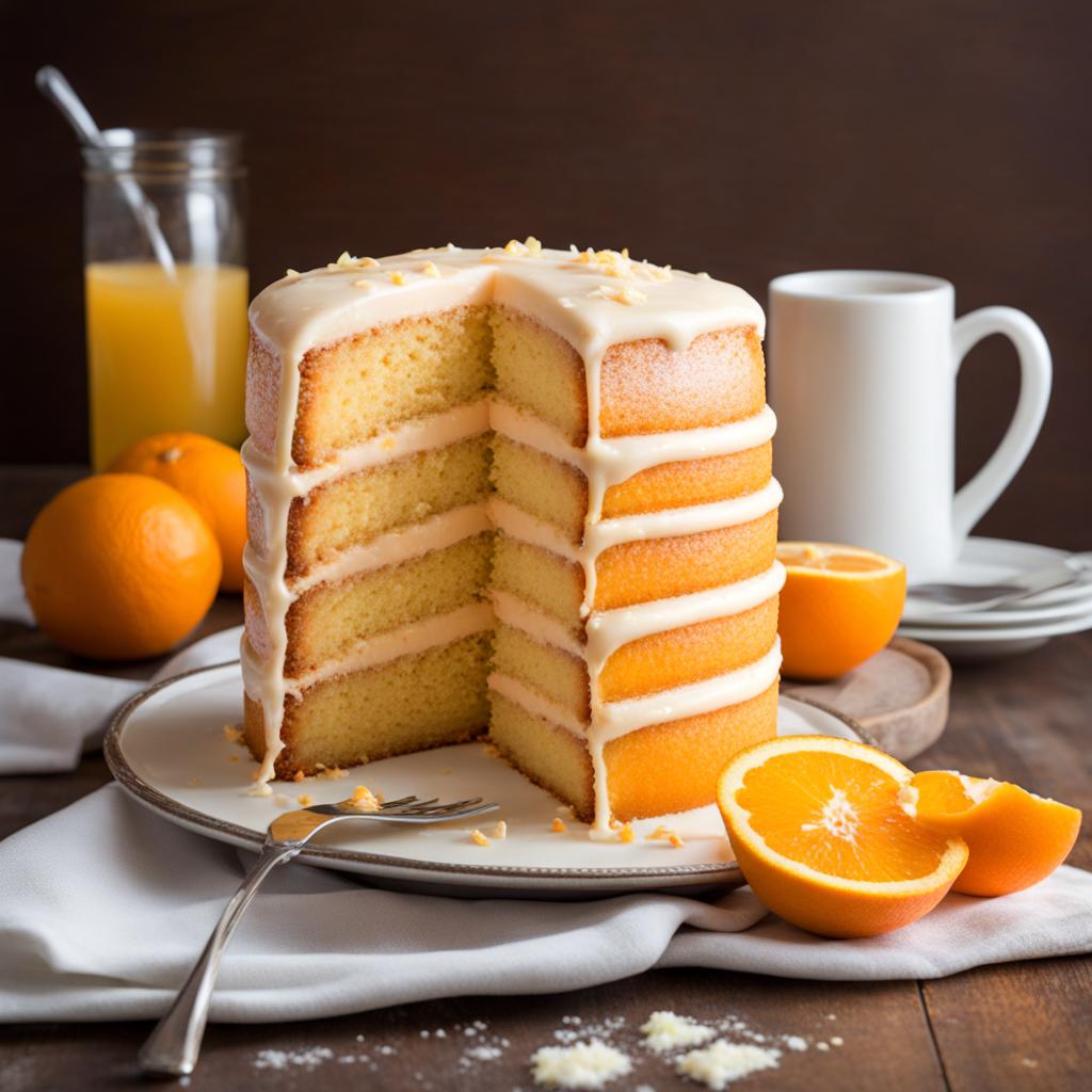 orange creamsicle cake with an orange zest glaze, devoured at a retro soda fountain. 