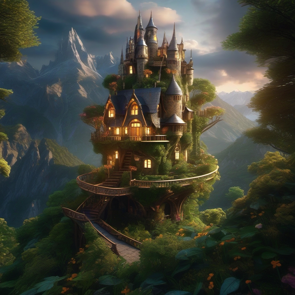 fairy treehouse castle with a mega city in the mountains | advanced| mathematical | vibration| futuristic|flowers