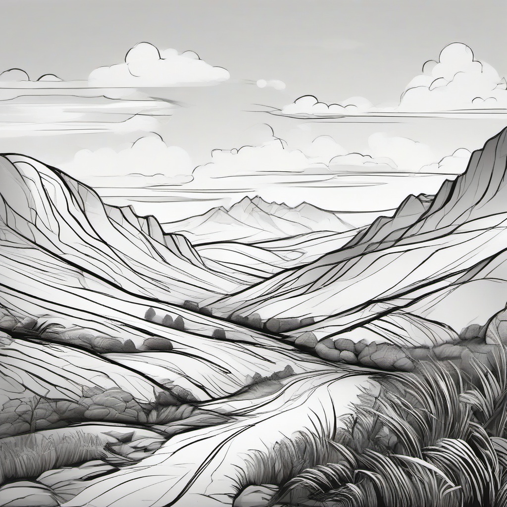 drawing of a cartoon landscape  minimal rough sketch scribbles,doodles,black and white