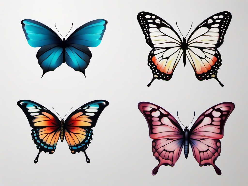 3 butterfly tattoo designs  simple color tattoo,white background,minimal