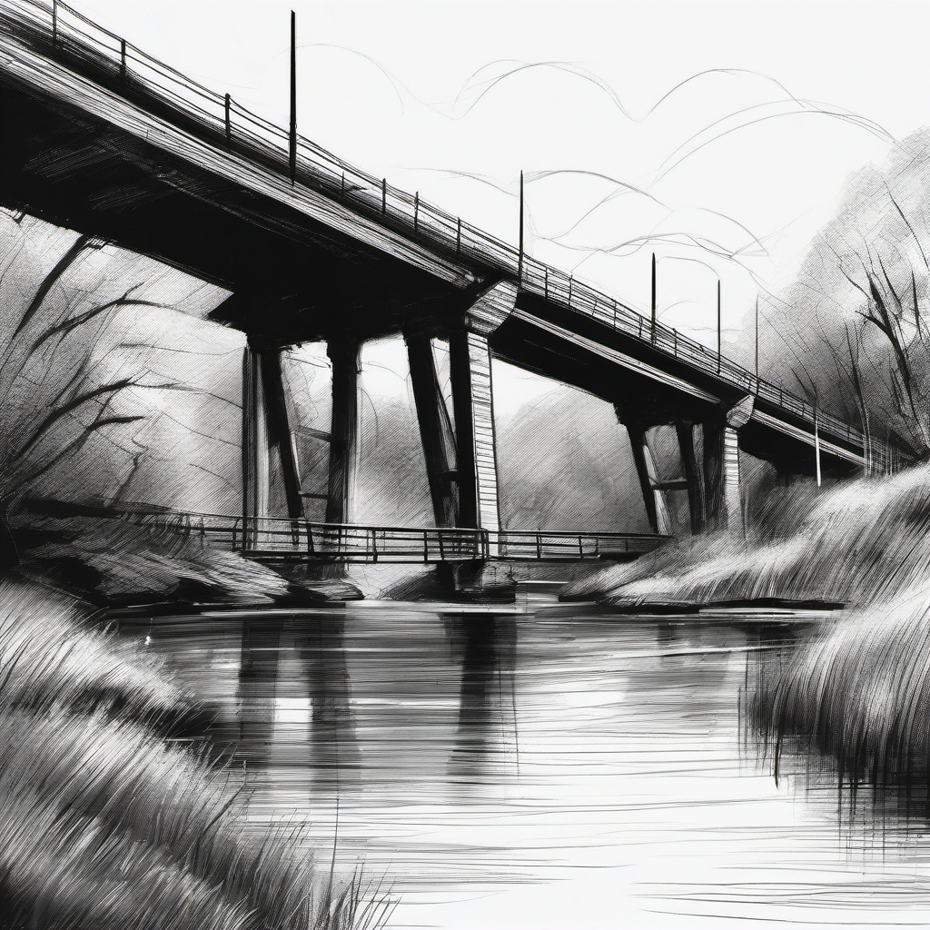 drawing of a bridge in the countryside  minimal rough sketch scribbles,doodles,black and white