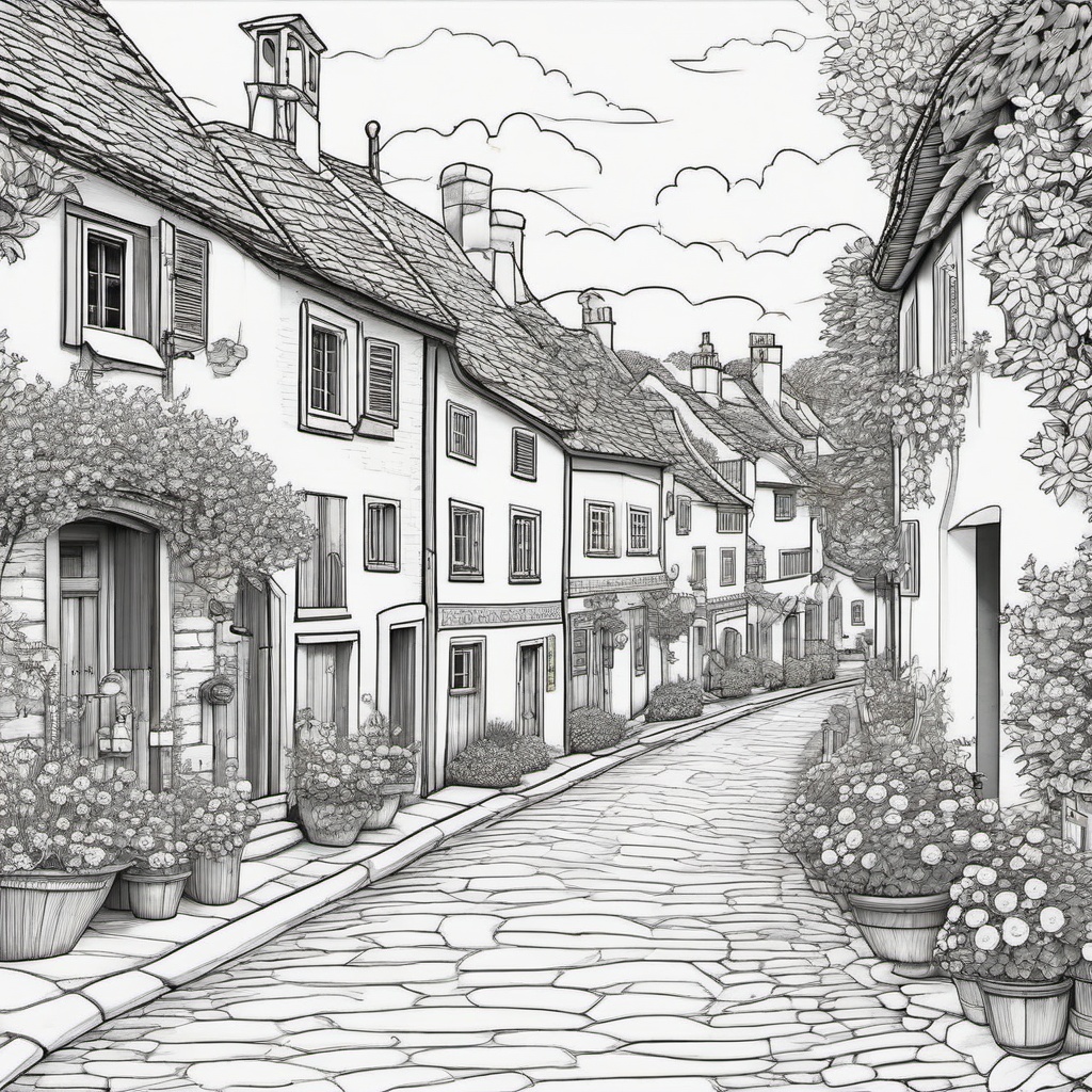 Charming village street in summer  simple coloring pages