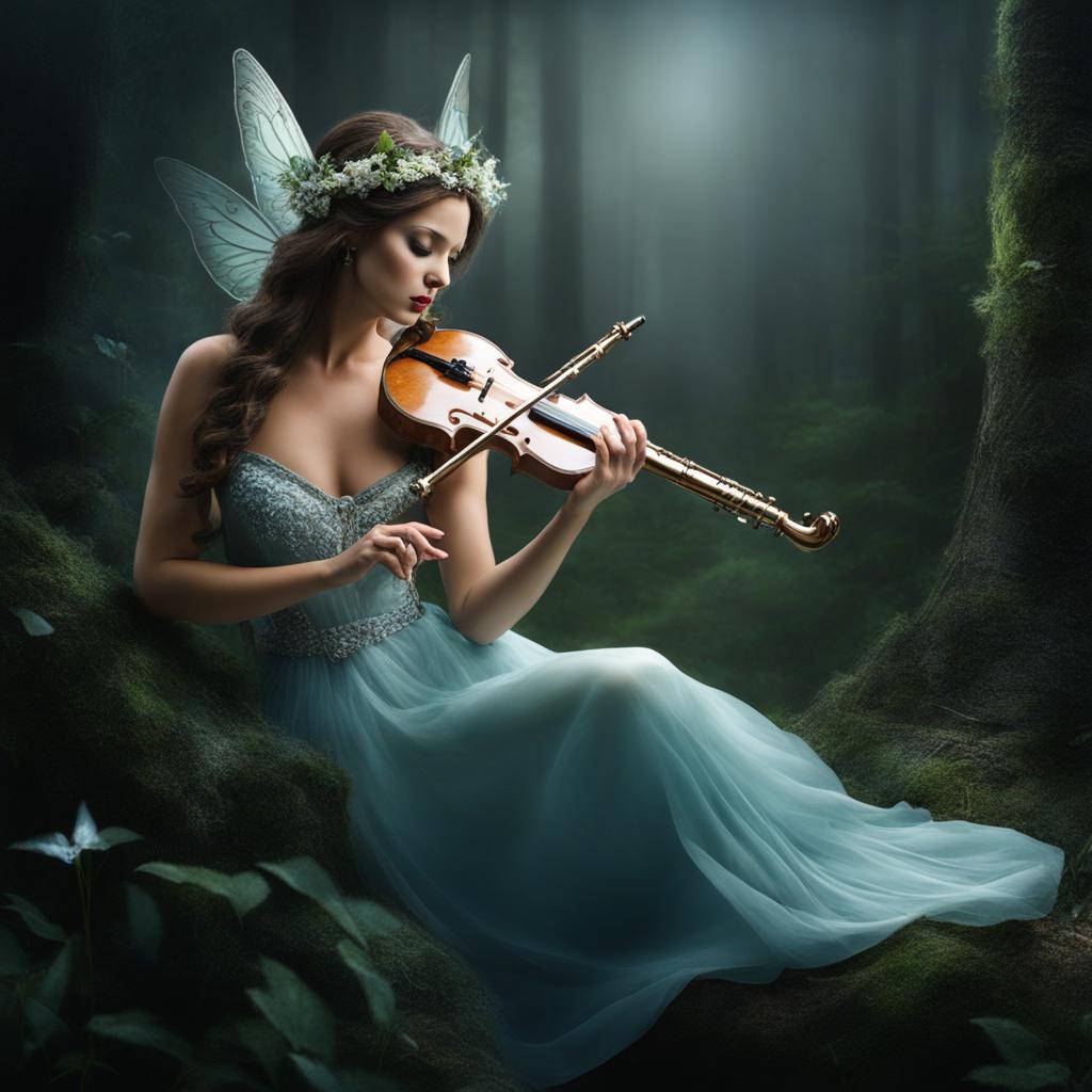 enchanted forest nymph playing a haunting melody on a silver flute. 