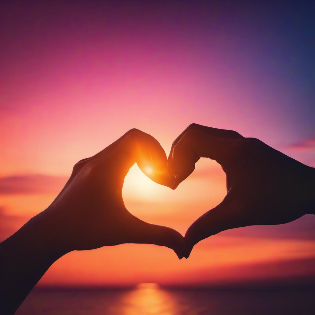 Valentines Day background - Hands forming a heart shape with a sunset background  