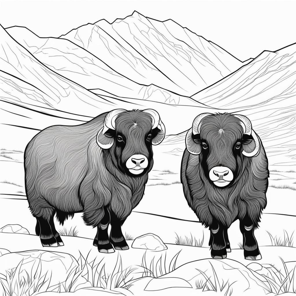 musk ox calves cute animals coloring page 