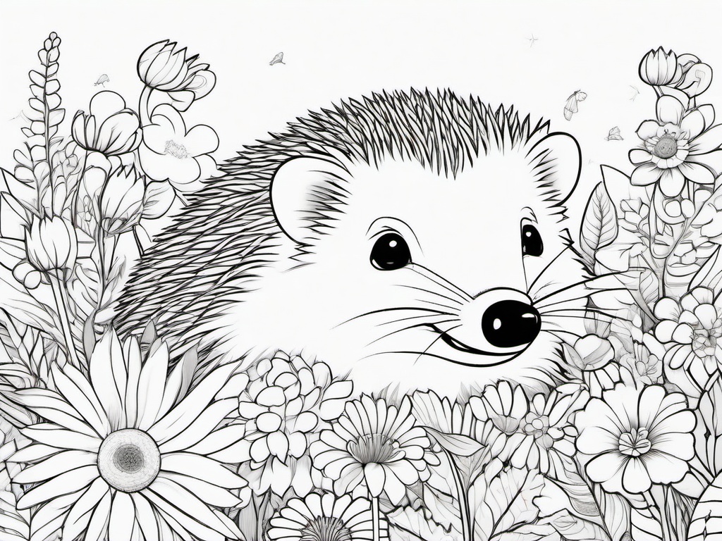 Summer Coloring Pages - Cute hedgehog exploring a flower patch  simple coloring pages