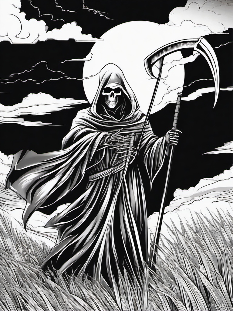 Horror Coloring Pages - Grim Reaper holding a scythe under a stormy sky  simple coloring pages