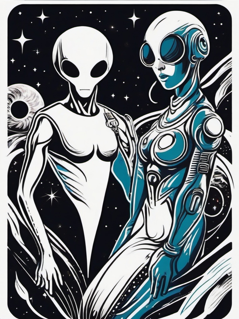 Alien and Astronaut Tattoo - Cosmic connection symbolized by an astronaut and alien duo.  simple color tattoo,vector style,white background