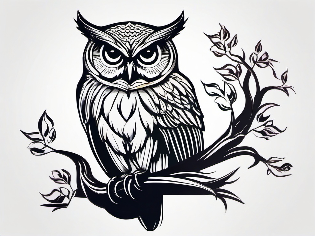 Owl on Tree Tattoo - Infuse nature's charm with an owl perched on a tree in a tattoo design.  simple color tattoo,vector style,white background