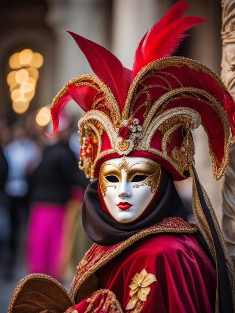 venetian masks, a venetian carnival scene with intricate masks and colorful costumes. 