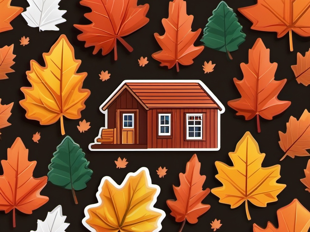 Maple Leaf and Cabin Emoji Sticker - Autumn cabin retreat, , sticker vector art, minimalist design