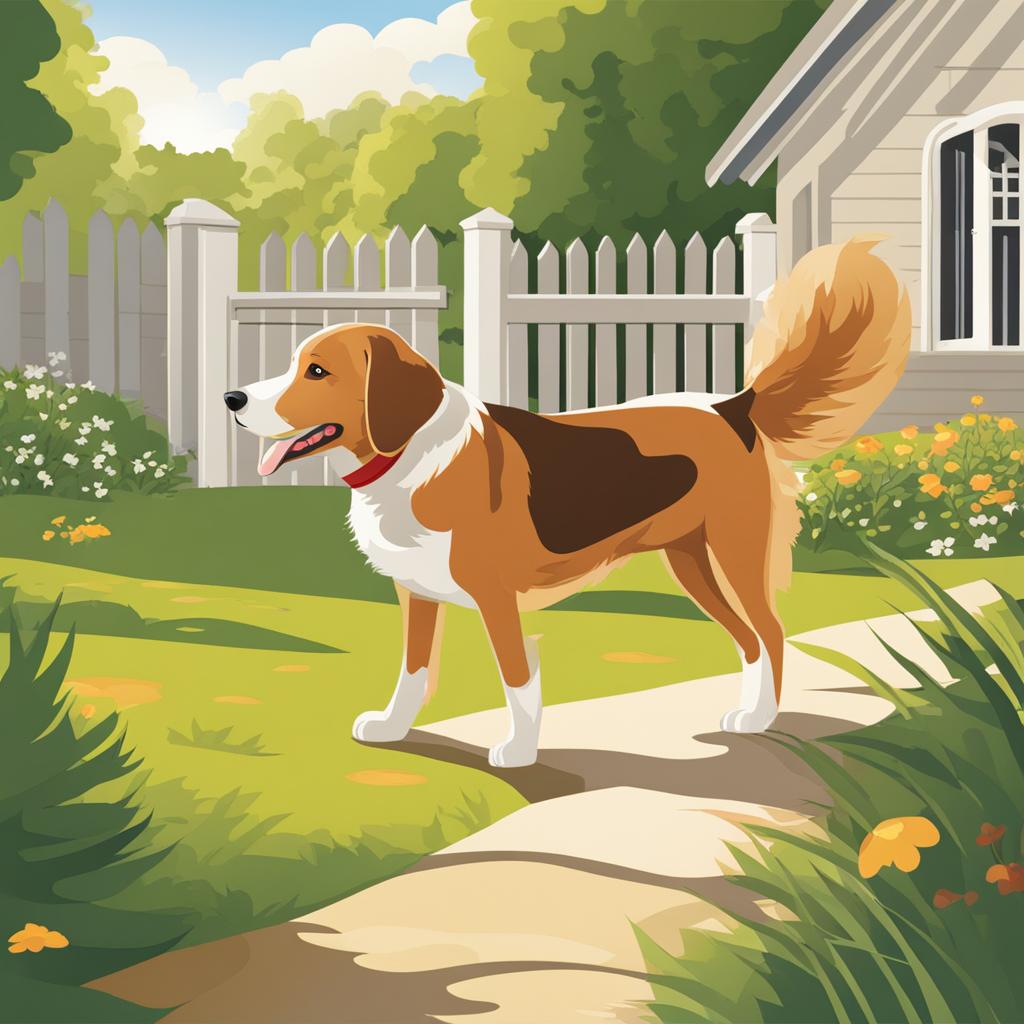 dog clip art: wagging its tail in a sunny backyard. 