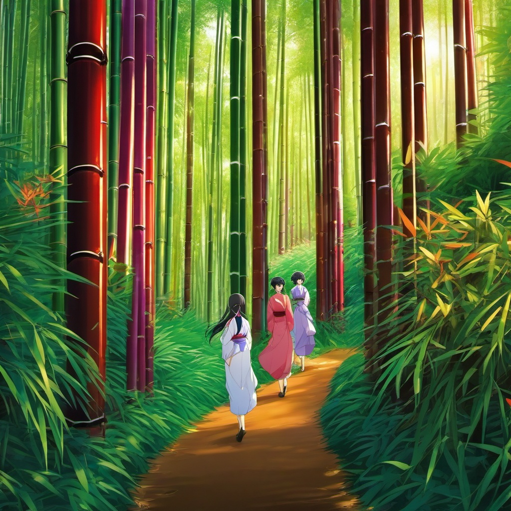 Anime Background - Anime Characters in Kyoto's Bamboo Forest wallpaper splash art, vibrant colors, intricate patterns