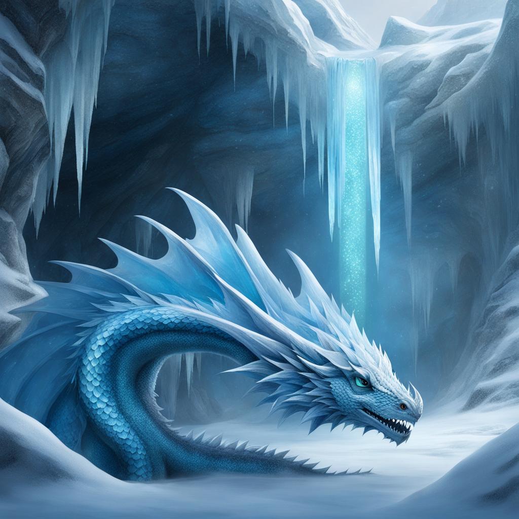 ice dragon dwelling in a frozen tundra, its scales shimmering with frost as it guards a hidden ice cavern. 