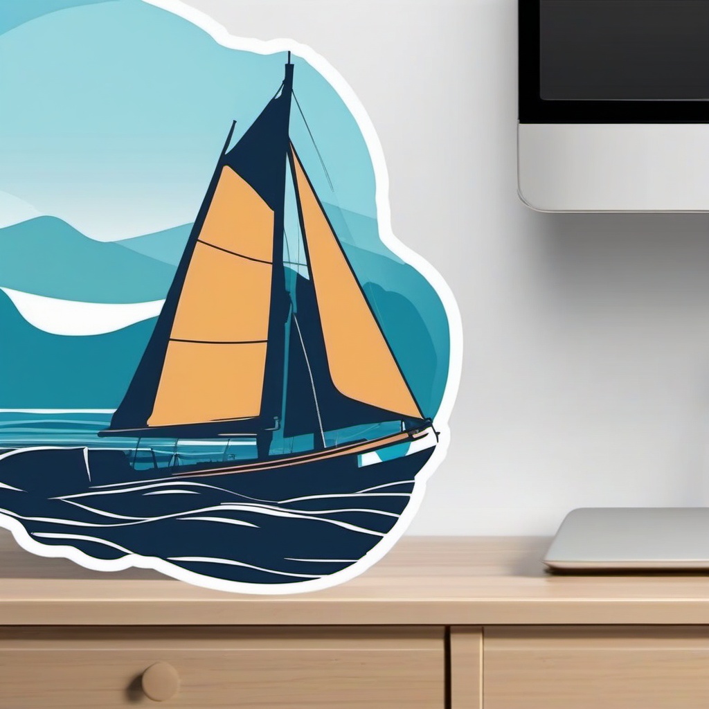 Sailboat Sticker - Sailing boat on calm waters, ,vector color sticker art,minimal