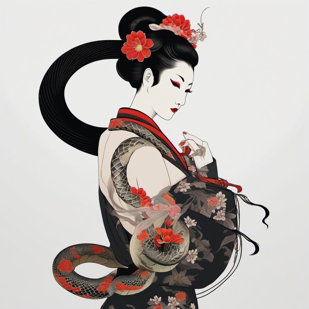 geisha snake tattoo  simple color tattoo,white background,minimal