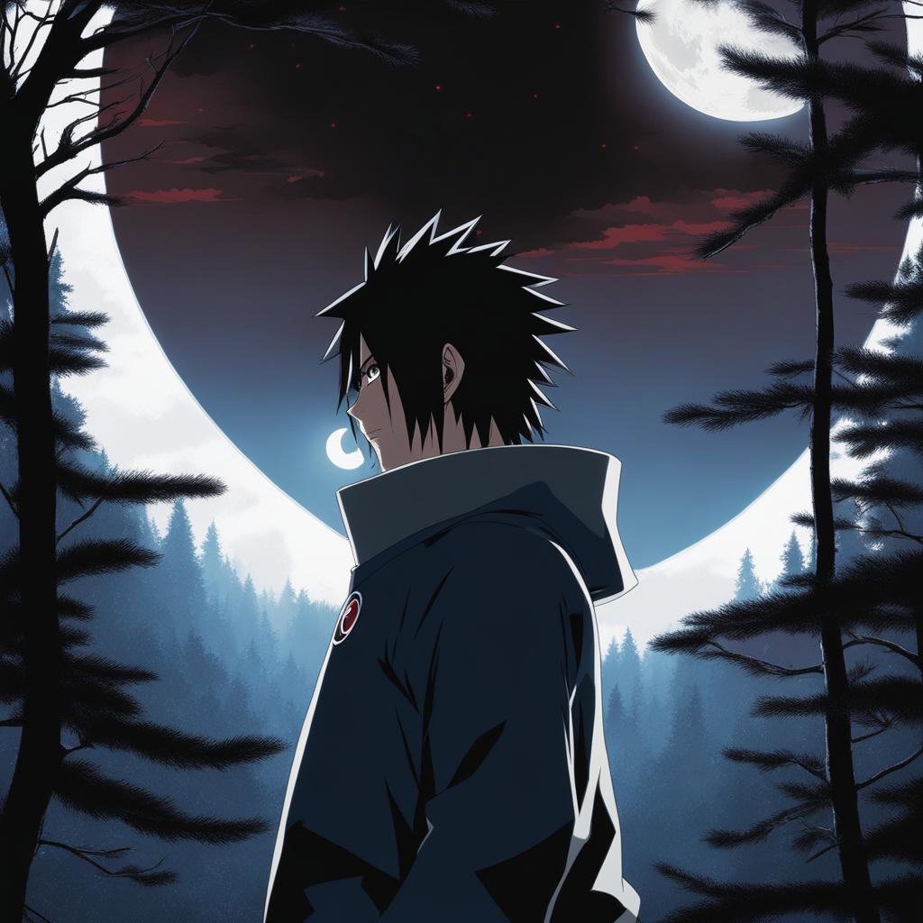 sasuke uchiha activates his sharingan, preparing for a confrontation in a moonlit forest. 