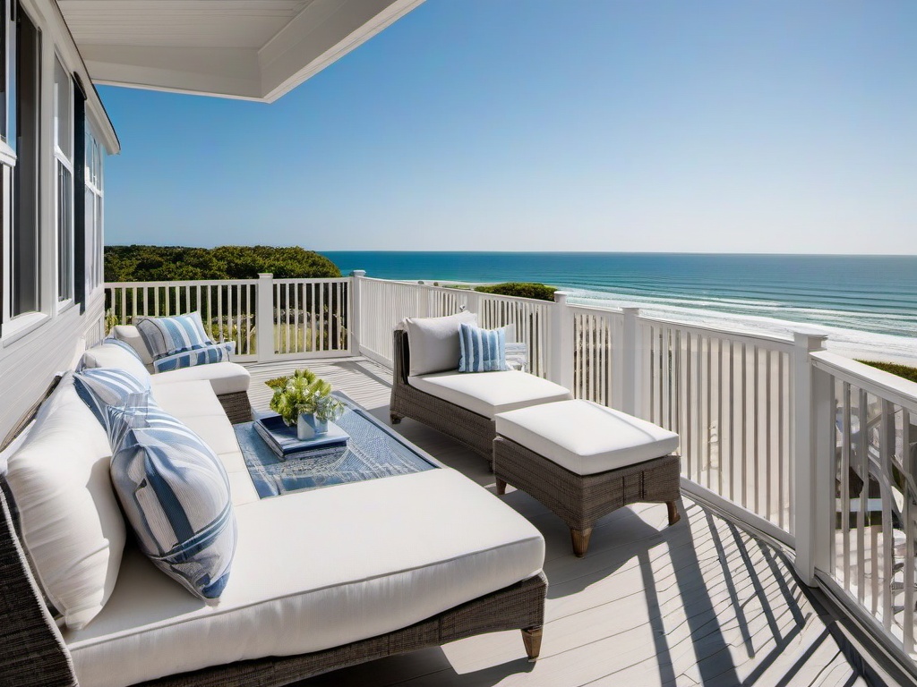 The balcony showcases Hampton interior design with light outdoor furniture, airy fabrics, and coastal decor that create an inviting space for relaxation and gatherings.  