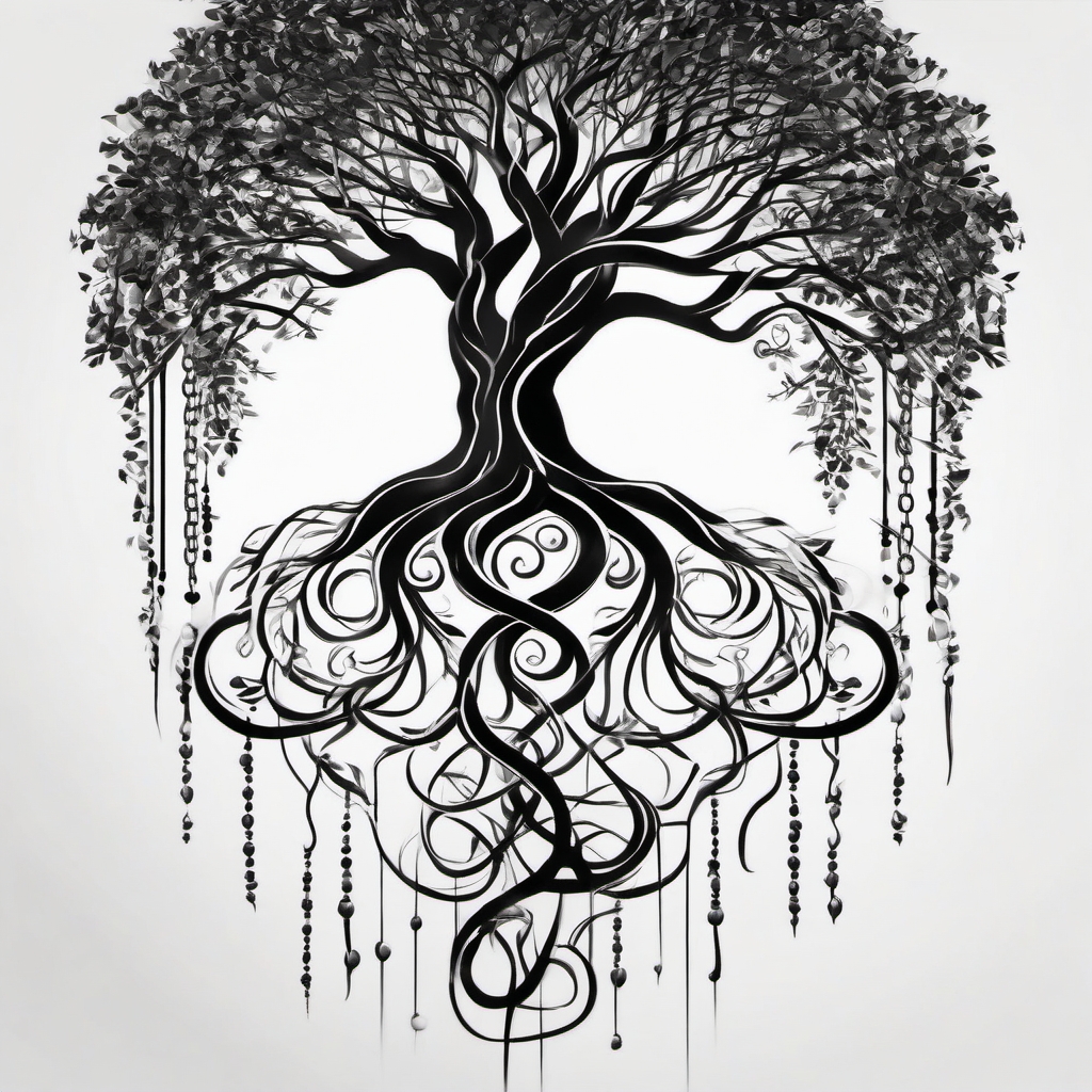 Abstract chain roots tattoo: Symbolizing grounding and connection to one's roots.  black white tattoo, white background