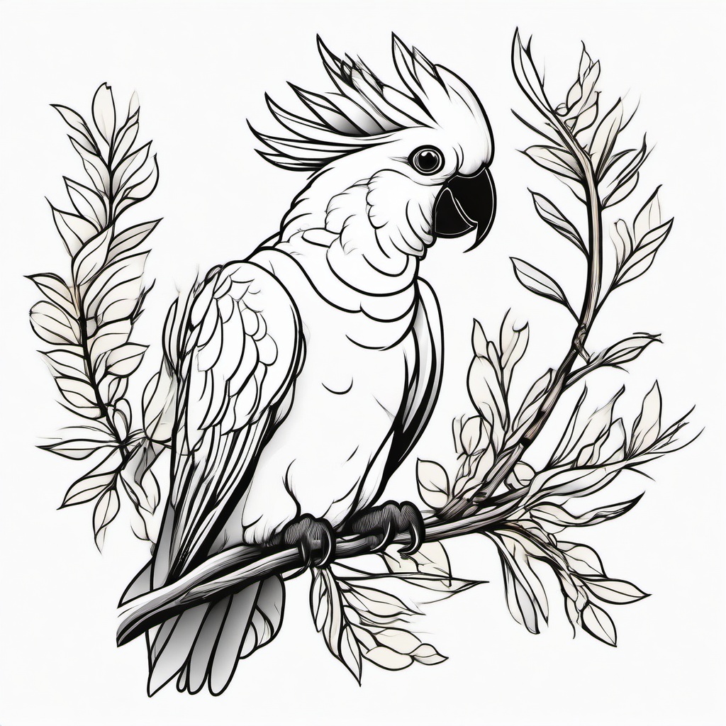 Cockatoo Tattoo - Cockatoo chattering and perched on a branch  few color tattoo design, simple line art, design clean white background