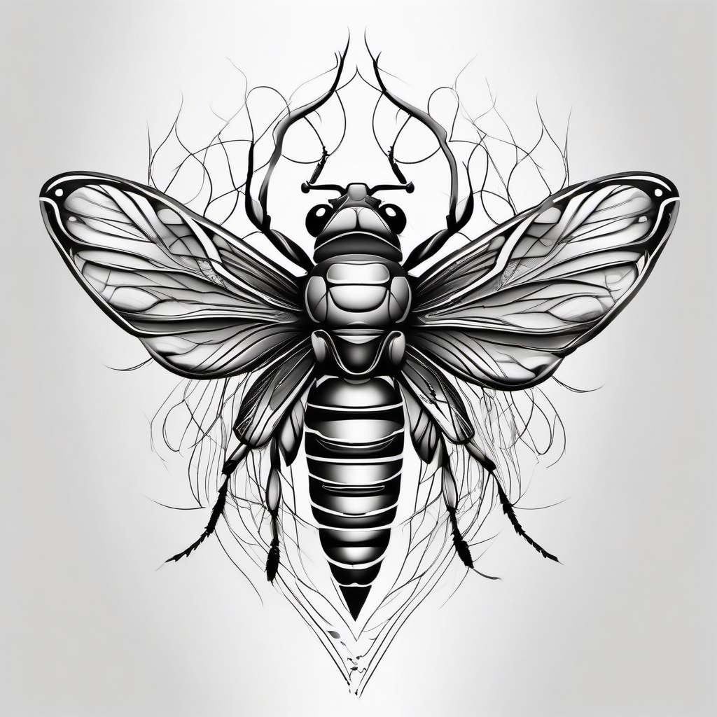 Abstract cicada roots tattoo: Symbolizing grounding and connection to nature.  black white tattoo, white background