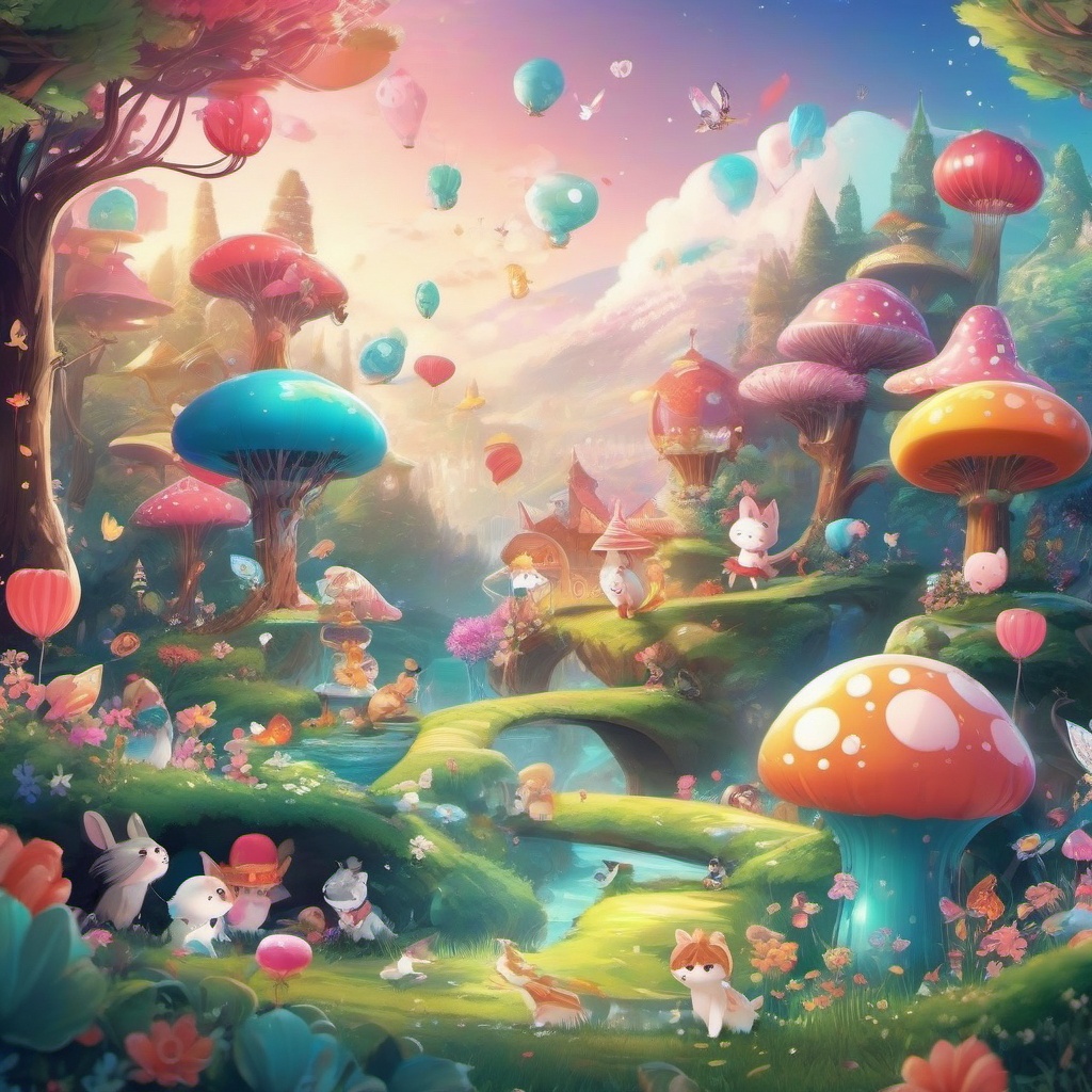 Anime Cute Wallpaper - Playful Kawaii Creatures Frolicking in a Whimsical Wonderland  intricate patterns, splash art, wallpaper art