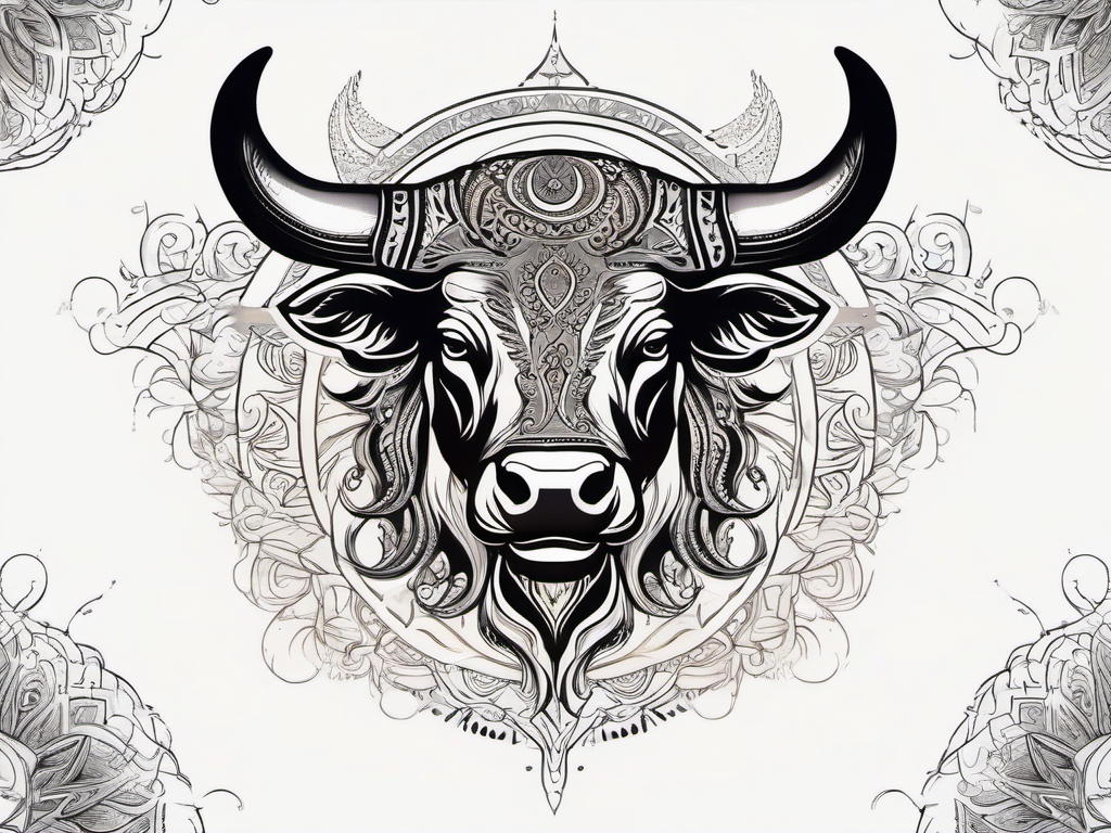 Bull with symbolic sun motifs ink. Radiant power in art.  color tattoo design, white background