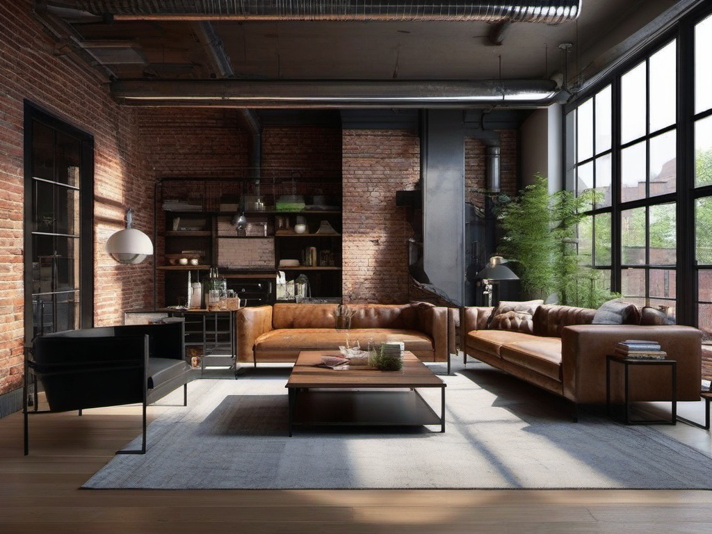 Industrial living room incorporates exposed brick walls, metal accents, and practical furnishings like a wooden coffee table and metal shelves for an urban vibe.  