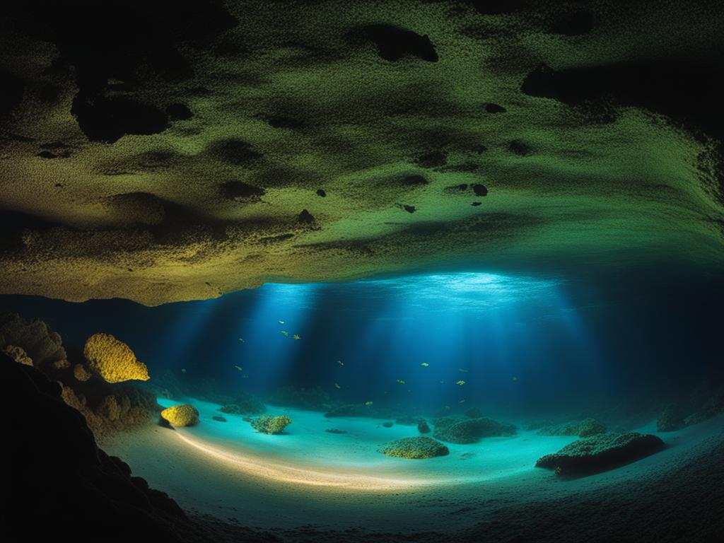 underwater cave, exploring an underwater cave with crystal-clear waters and bioluminescent creatures. 