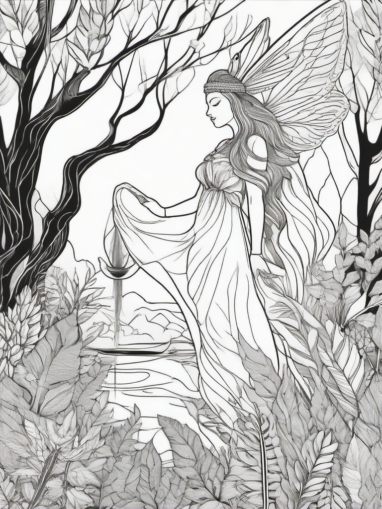 Nymph Coloring Pages - Nature Spirits of Forests and Waters  minimal black outline printable sheet, coloring page