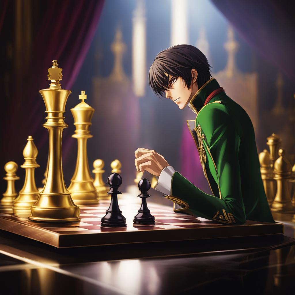 code geass,lelouch lamperouge,executing his brilliant tactical strategies,a high-stakes chess match hyperrealistic, intricately detailed, color depth,splash art, concept art, mid shot, sharp focus, dramatic, 2/3 face angle, side light, colorful background