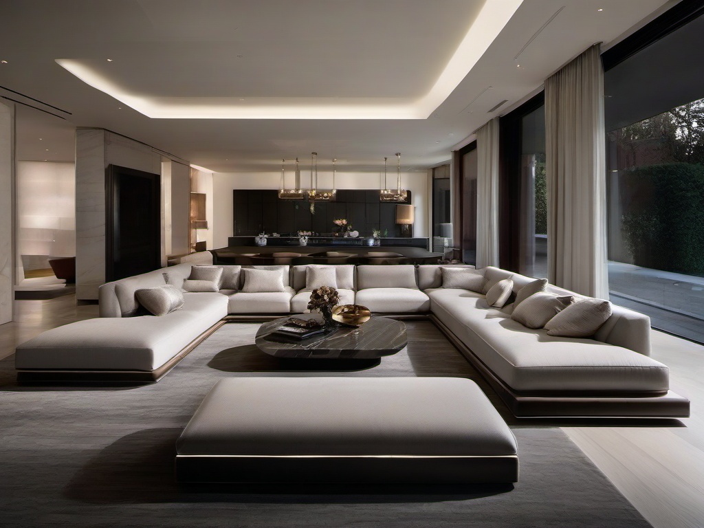 Luxury penthouse living room with B&B Italia modular seating, FLOS modern lighting, and Porcelanosa large format marble tiles.  