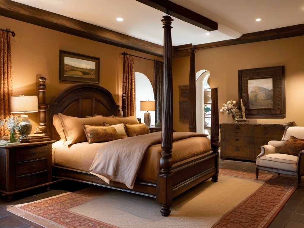 Tuscan master bedroom showcases warm earth tones, a wooden bed frame, and rustic accents that evoke the charm of an Italian villa.  