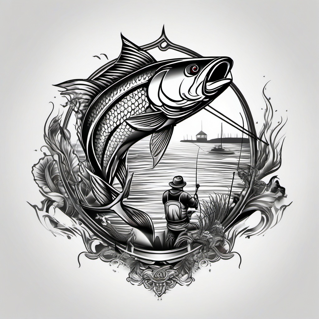 Fisherman Tattoo,a tribute to fishing enthusiasts, this tattoo captures the thrill and passion of the sport. , tattoo design, white clean background