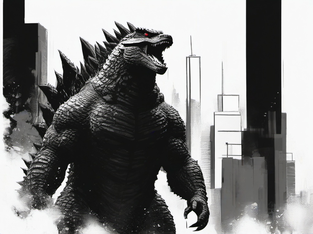 drawing of Godzilla in a comic  minimal rough sketch scribbles,doodles,black and white