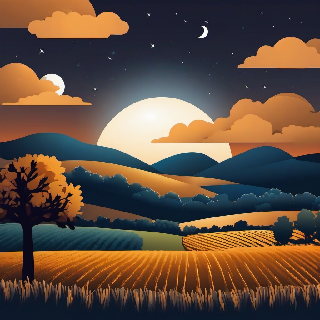 Harvest Moonlight clipart - Moonlight over the fields, ,vector color clipart,minimal