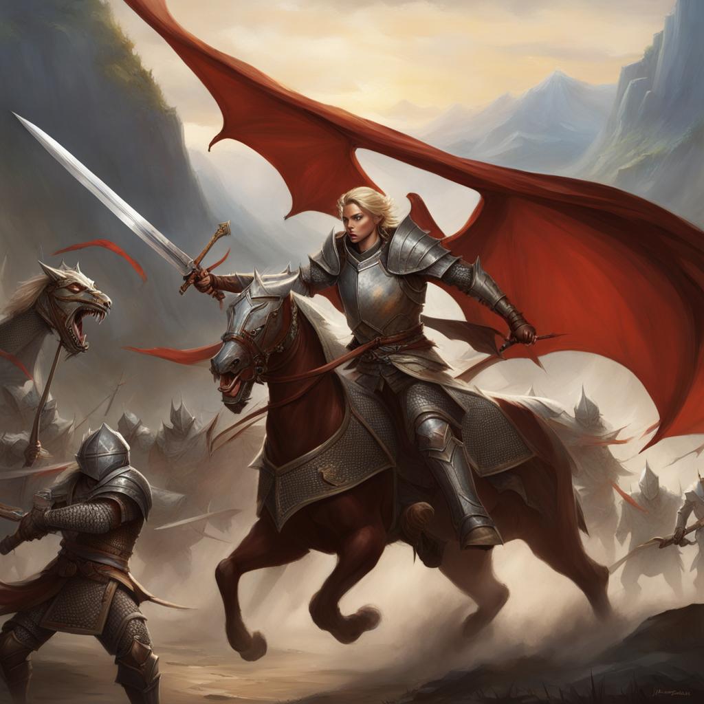 kaelar swiftblade, a half-elf fighter, is leading a charge of knights against an imposing dragon. 