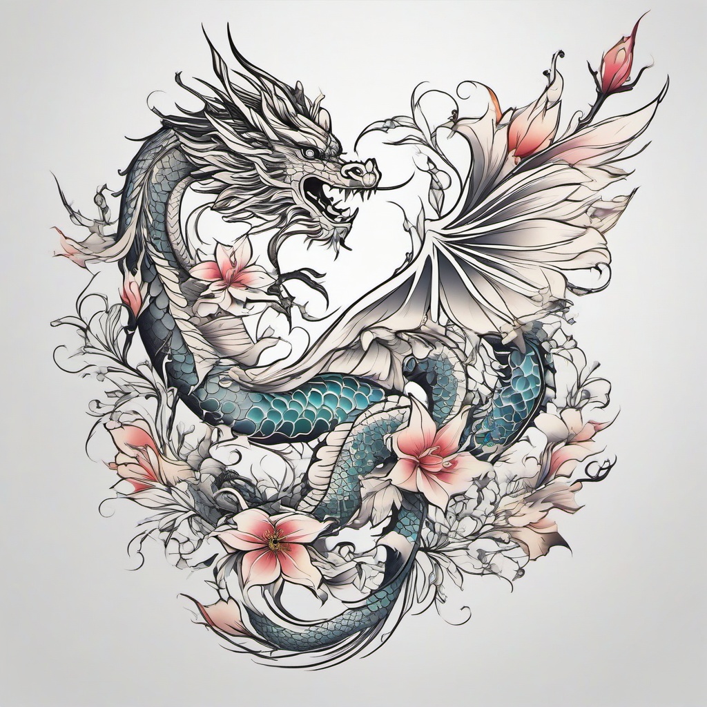 Flower Dragon Tattoo - Tattoos combining dragon imagery with various flower designs.  simple color tattoo,minimalist,white background