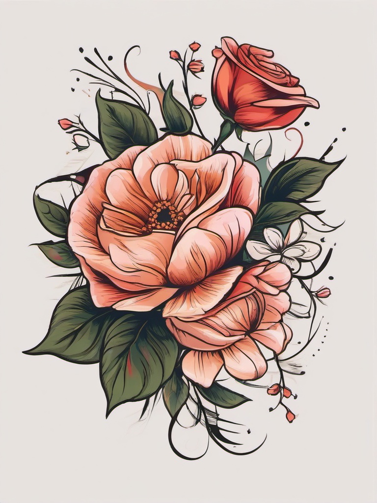 Rose Daisy Tattoo-Celebration of the classic combination of roses and daisies in a tattoo, symbolizing love and passion.  simple vector color tattoo