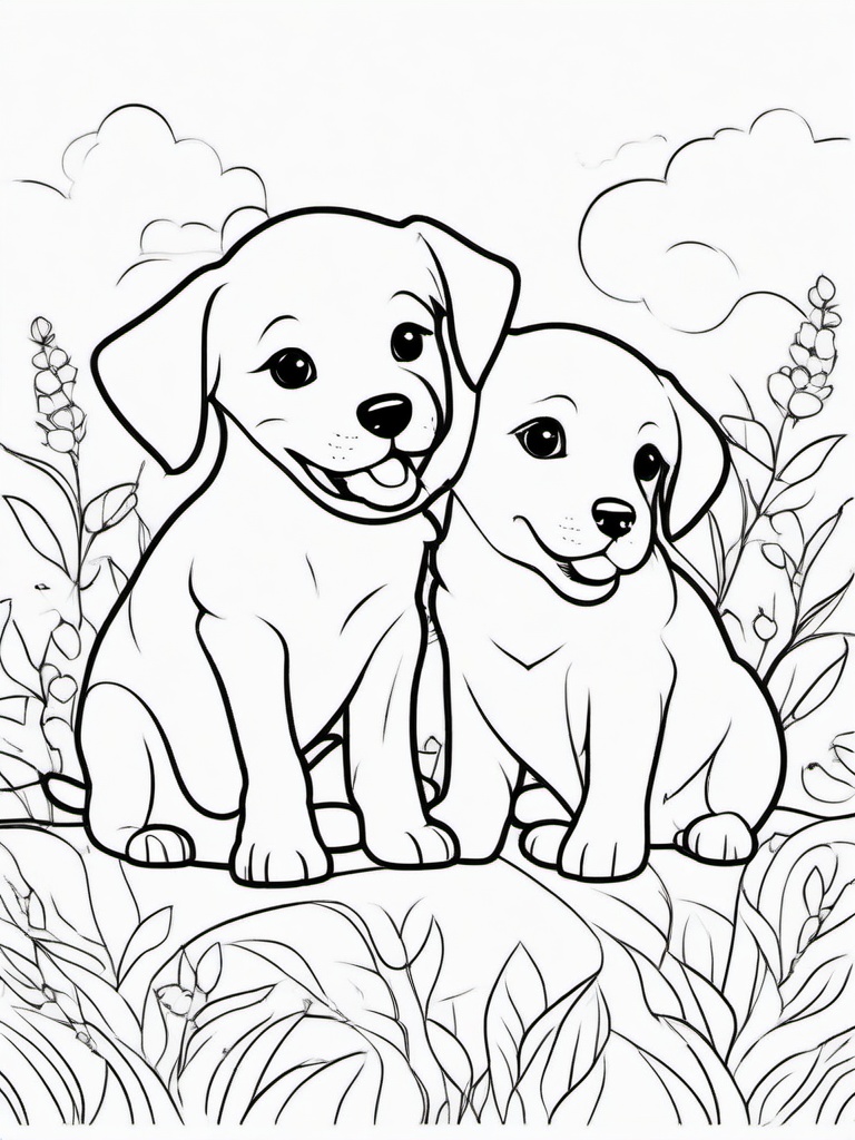 Puppies Playing Coloring Pages - Adorable Puppies Having Fun Together  minimal black outline printable sheet, coloring page