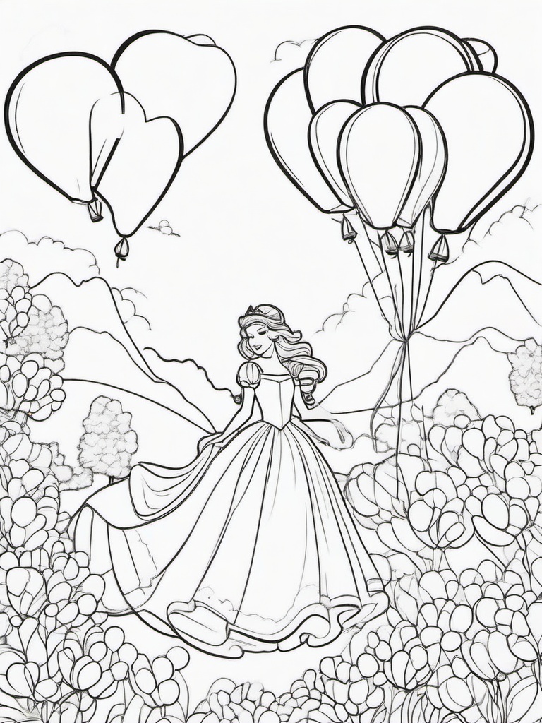 Princess with Balloons Coloring Pages - Joyful Scene with Colorful Balloons  minimal black outline printable sheet, coloring page