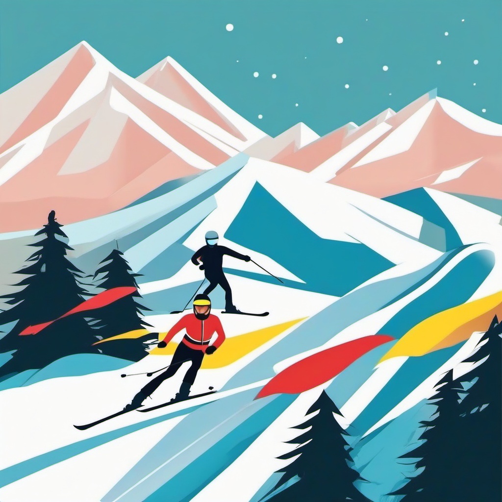 Snow Skiing Downhill Race Clipart - Skiers racing down a snowy slope.  color vector clipart, minimal style