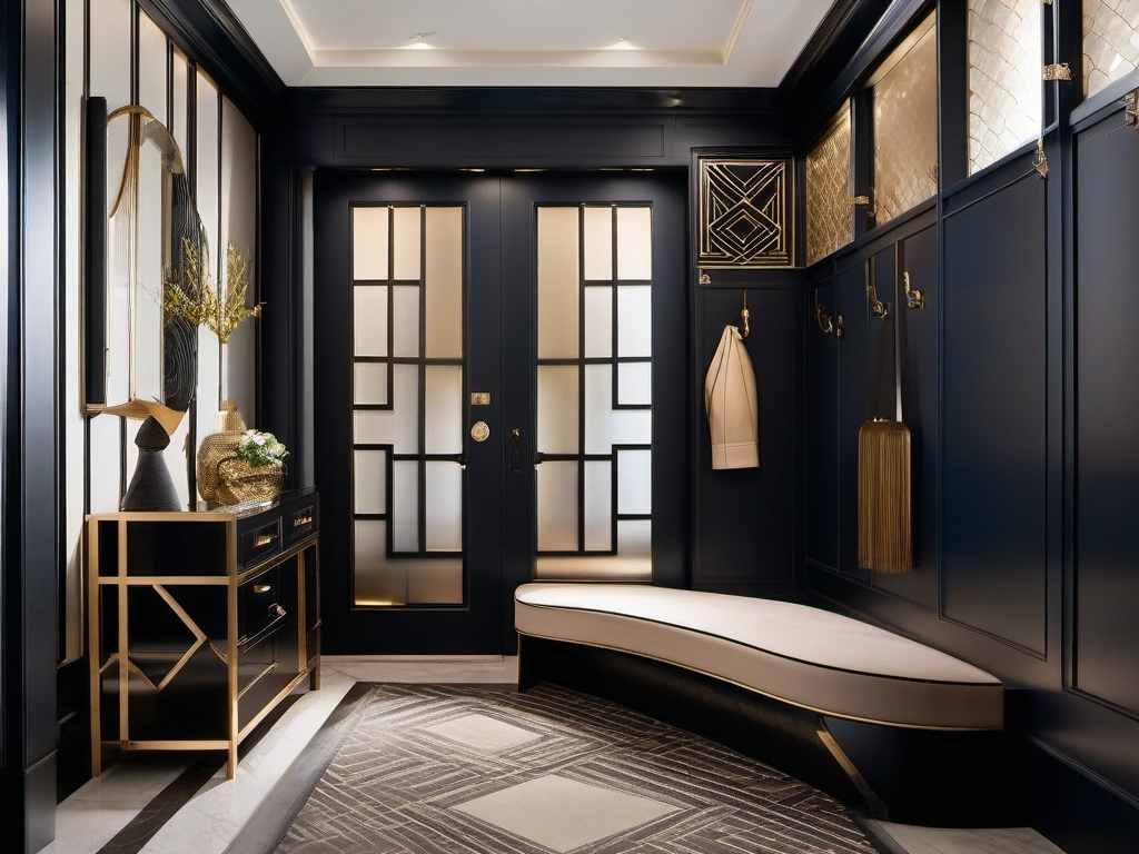 Art Deco mudroom includes bold geometric patterns, luxurious finishes, and stylish hooks that create a glamorous entry experience.  