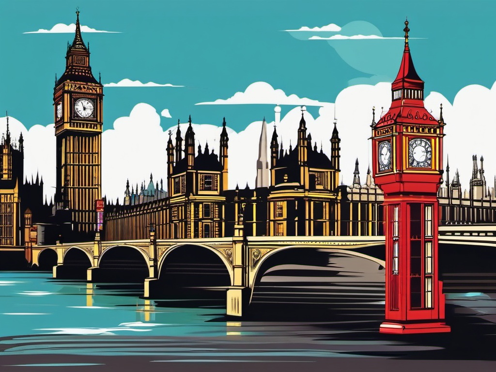 London clipart - Big Ben and London Bridge with British charm,  color vector clipart