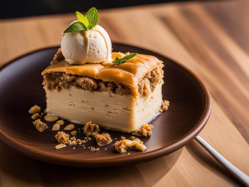 baklava ice cream, a fusion delight, savored at a modern café with mediterranean flair. 