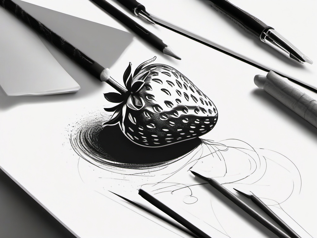 drawing of a strawberry with ice cream  minimal rough sketch scribbles,doodles,black and white